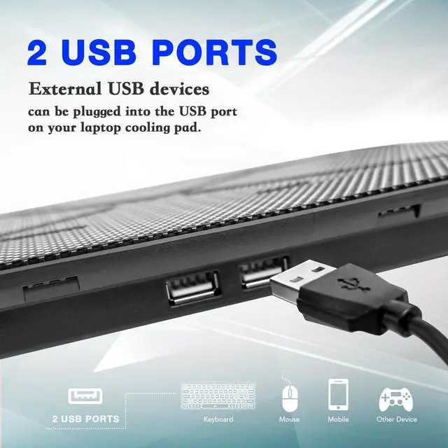 Alt view image 3 of 6 - Laptop Cooling Pad, Portable Slim Quiet Laptop Notebook Cooler Cooling Pad Stand with 2 Blue LED Fans, USB Powered, Adjustable Angled, Fits 11-14 Inch Laptop