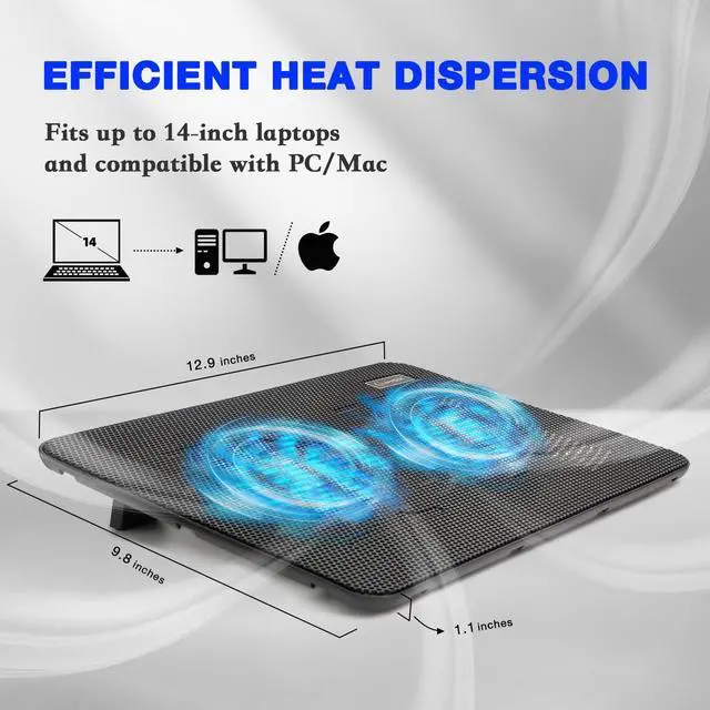 Alt view image 5 of 6 - Laptop Cooling Pad, Portable Slim Quiet Laptop Notebook Cooler Cooling Pad Stand with 2 Blue LED Fans, USB Powered, Adjustable Angled, Fits 11-14 Inch Laptop
