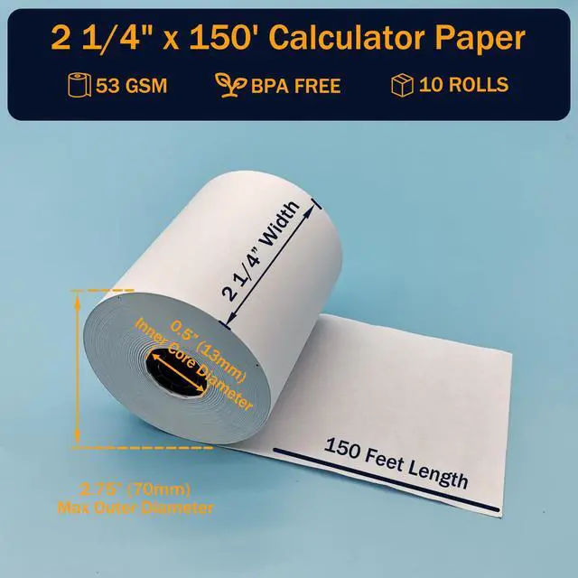 Alt view image 2 of 4 - 2 1/4 in x 150 ft Calculator Paper Rolls 2 1/4 Adding Machine Tape Paper Rolls, for HR-10RC, HR-170RC, HR-200RC, EL-1197PIII, EL-1801V, P23-DHV-3, CP-90A, MP11DX-2, 1280-2, 53 GSM, 10 Rolls