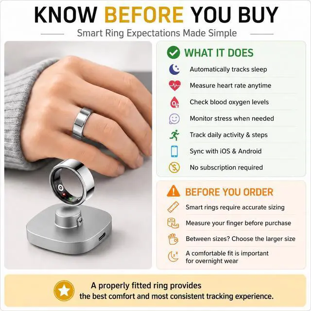 Alt view image 2 of 6 - HK01 Smart Ring for Women & Men, Sleep & Stress Tracker, Waterproof Fitness Ring for iOS & Android, No Subscription Fee (Silver, Size 9)