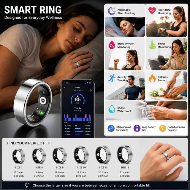 Alt view image 4 of 6 - HK01 Smart Ring for Women & Men, Sleep & Stress Tracker, Waterproof Fitness Ring for iOS & Android, No Subscription Fee (Silver, Size 9)
