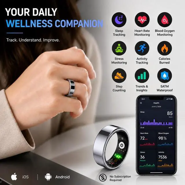 Alt view image 6 of 6 - HK01 Smart Ring for Women & Men, Sleep & Stress Tracker, Waterproof Fitness Ring for iOS & Android, No Subscription Fee (Silver, Size 9)