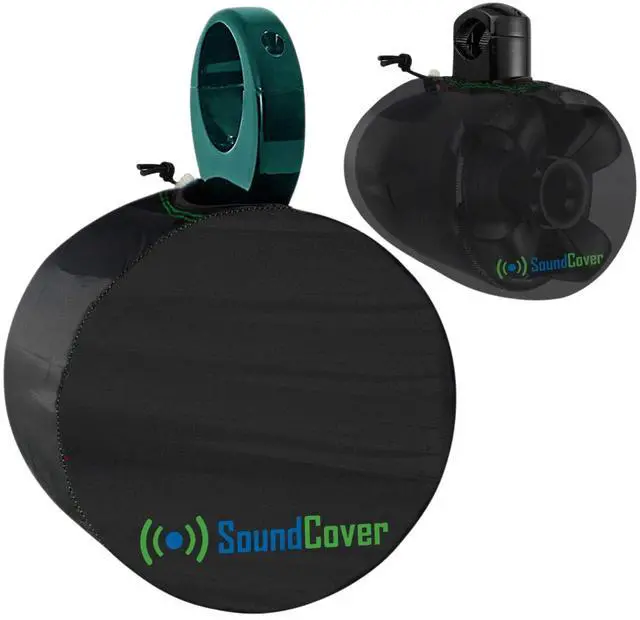Main image of Marine Wakeboard Tower Speaker Covers for 8 Round Speakers 210T Polyester with Silver UV Coating Water-Resistant, Double-Stitched with Drawcord & Drainage Eyelets Large Size (Set of 2)