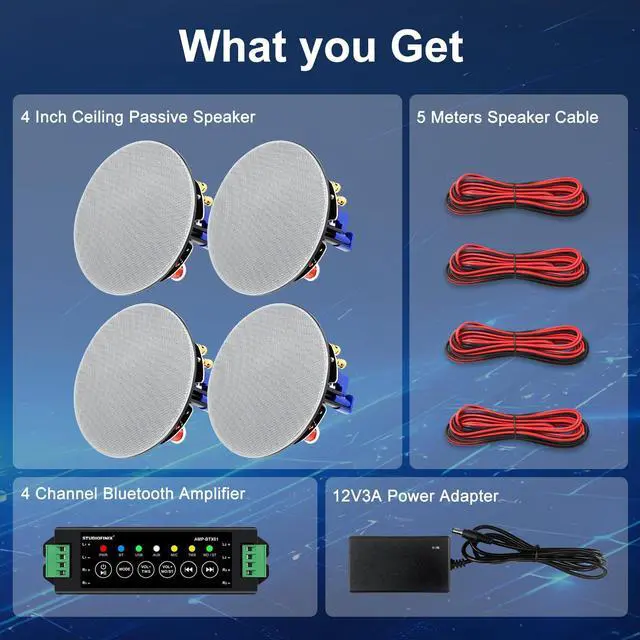 Alt view image 6 of 6 - 4 Inch Bluetooth Ceiling Speakers,320W 2-Way System, 4 Speakers, Wired Surround Sound for Living Room, Office,Kichten,Study Room,Basement,Covered Patio and Flush Mount
