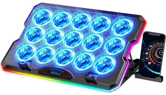 Main image of Gaming Laptop Cooling Pad, Laptop Cooler with 15 Quiet Fans for 12-17.3 Inch Notebook, Slim Portable Laptop Cooling Stand with 7 Height Adjustable, 2 USB Ports, Phone Stand