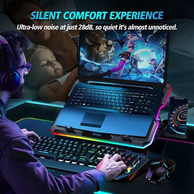 Alt view image 3 of 6 - Gaming Laptop Cooling Pad, Laptop Cooler with 15 Quiet Fans for 12-17.3 Inch Notebook, Slim Portable Laptop Cooling Stand with 7 Height Adjustable, 2 USB Ports, Phone Stand