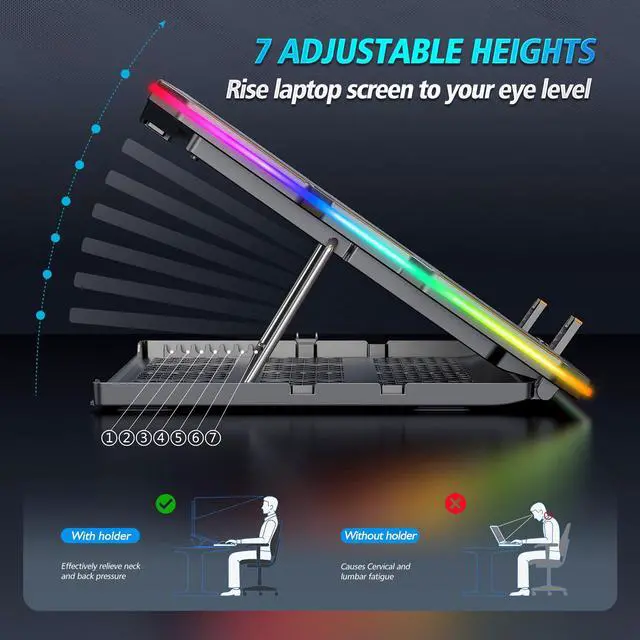 Alt view image 4 of 6 - Gaming Laptop Cooling Pad, Laptop Cooler with 15 Quiet Fans for 12-17.3 Inch Notebook, Slim Portable Laptop Cooling Stand with 7 Height Adjustable, 2 USB Ports, Phone Stand