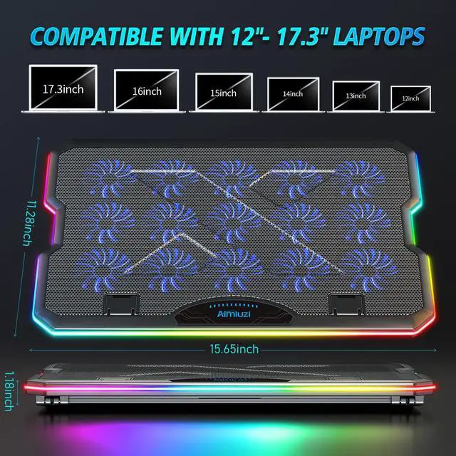 Alt view image 6 of 6 - Gaming Laptop Cooling Pad, Laptop Cooler with 15 Quiet Fans for 12-17.3 Inch Notebook, Slim Portable Laptop Cooling Stand with 7 Height Adjustable, 2 USB Ports, Phone Stand