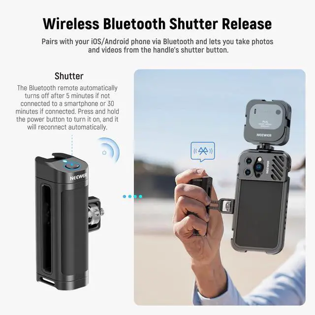 Alt view image 4 of 6 - Side Handle Grip with Wireless Remote Control Button Shutter Trigger for Smartphone Cage Video Rig, 2 Mount Adapters with 1/4" Screws & Locating Pins, Compatible with SmallRig Cages, PA005E
