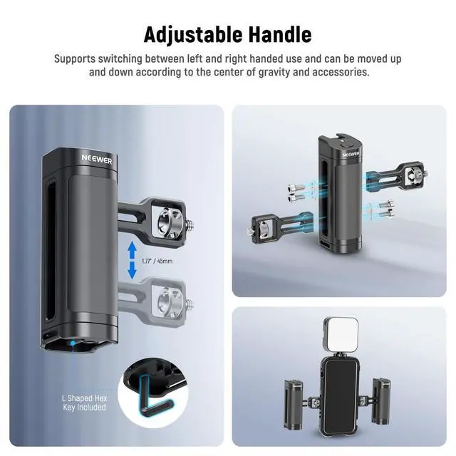 Alt view image 5 of 6 - Side Handle Grip with Wireless Remote Control Button Shutter Trigger for Smartphone Cage Video Rig, 2 Mount Adapters with 1/4" Screws & Locating Pins, Compatible with SmallRig Cages, PA005E