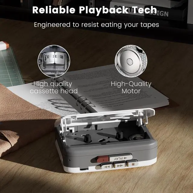 Alt view image 4 of 6 - Portable Cassette Player with Built-in Speaker, Tape Recorder for Music Playback & Voice Recording, Ideal for Students, Home, Travel and Nostalgic Music Lovers (Grey White)