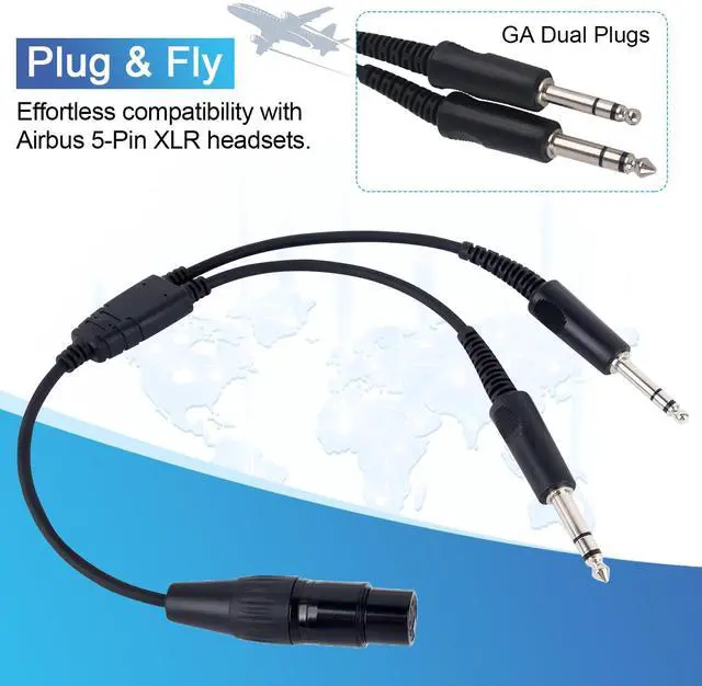 Alt view image 4 of 6 - Aviation Headset Adapter for Airbus XLR 5 Pin Head to GA Dual Plugs Connector