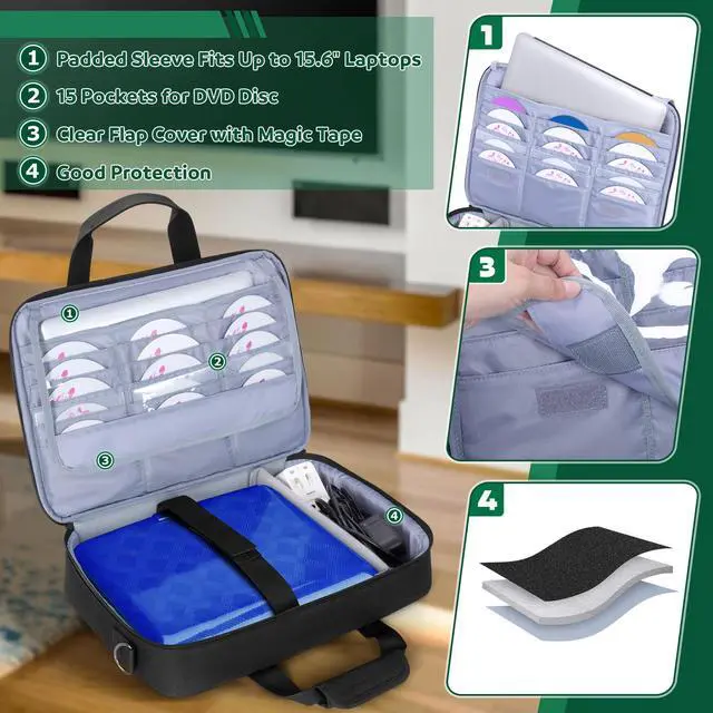 Alt view image 2 of 6 - Travel Carrying Case Bag for 14.1-17.5 Inch Portable DVD Player | 15 DVD Storage Pockets, Laptop Sleeve, Front Accessory Pocket, Portable DVD Player Storage Bag, Patented Design