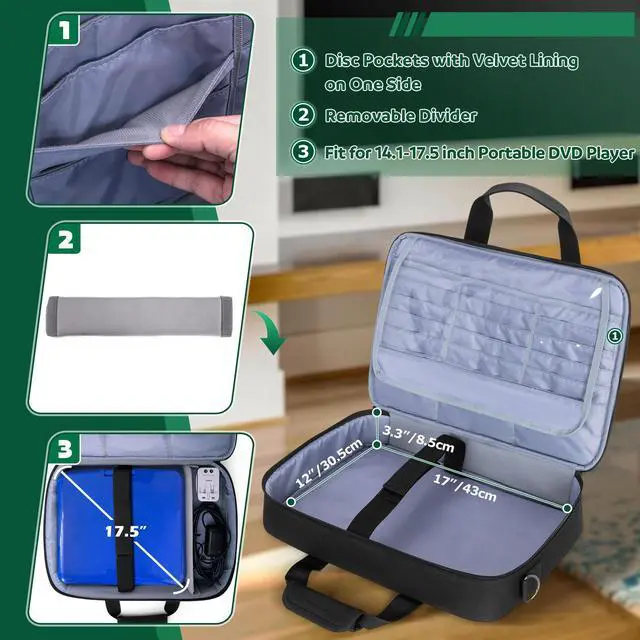 Alt view image 3 of 6 - Travel Carrying Case Bag for 14.1-17.5 Inch Portable DVD Player | 15 DVD Storage Pockets, Laptop Sleeve, Front Accessory Pocket, Portable DVD Player Storage Bag, Patented Design