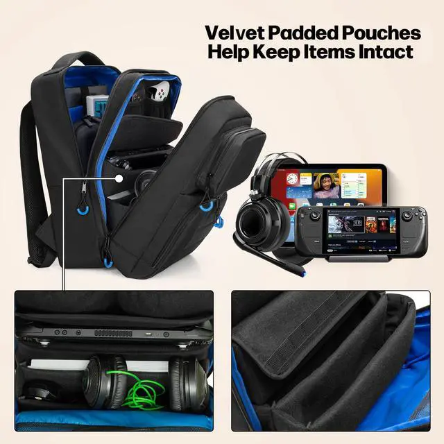 Alt view image 3 of 6 - Carrying Backpack Compatible with Steam Deck, | Travel Case Bag with Separate Game Cards Holder, Multi-Pockets For Game Headset, Docking Station, Controllers