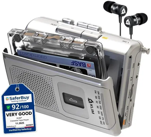 Main image of K8 Cassette Tape Player Portable - Cassette Recorder - NEW Version - AM/FM - Built-in Microphone & Speaker - Headphone Jack & Earphones - Silver