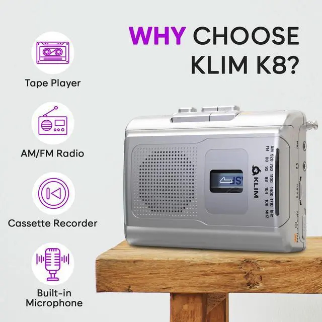 Alt view image 2 of 6 - K8 Cassette Tape Player Portable - Cassette Recorder - NEW Version - AM/FM - Built-in Microphone & Speaker - Headphone Jack & Earphones - Silver