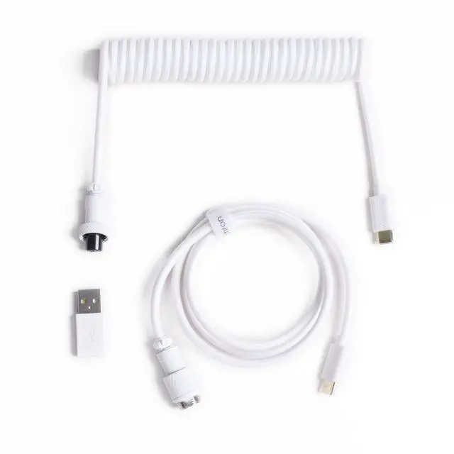 Main image of Custom Coiled Aviator USB-C Cable, White, 5-Pin (GX12) Detachable Metal Connector, USB-A Adapter, Durable Braided Cable for Mechanical Keyboards, Charging & Data Transfer