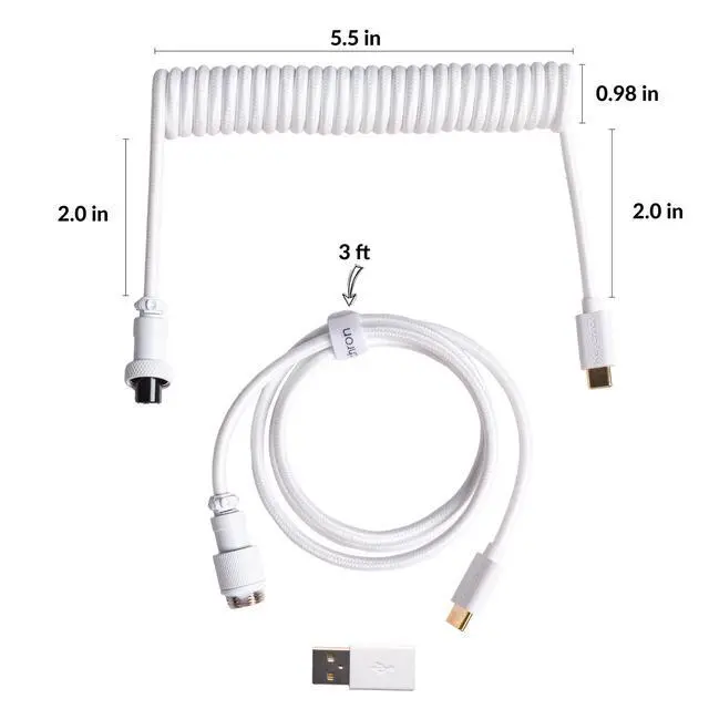 Alt view image 2 of 6 - Custom Coiled Aviator USB-C Cable, White, 5-Pin (GX12) Detachable Metal Connector, USB-A Adapter, Durable Braided Cable for Mechanical Keyboards, Charging & Data Transfer
