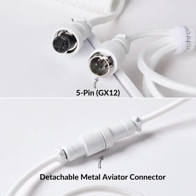 Alt view image 4 of 6 - Custom Coiled Aviator USB-C Cable, White, 5-Pin (GX12) Detachable Metal Connector, USB-A Adapter, Durable Braided Cable for Mechanical Keyboards, Charging & Data Transfer