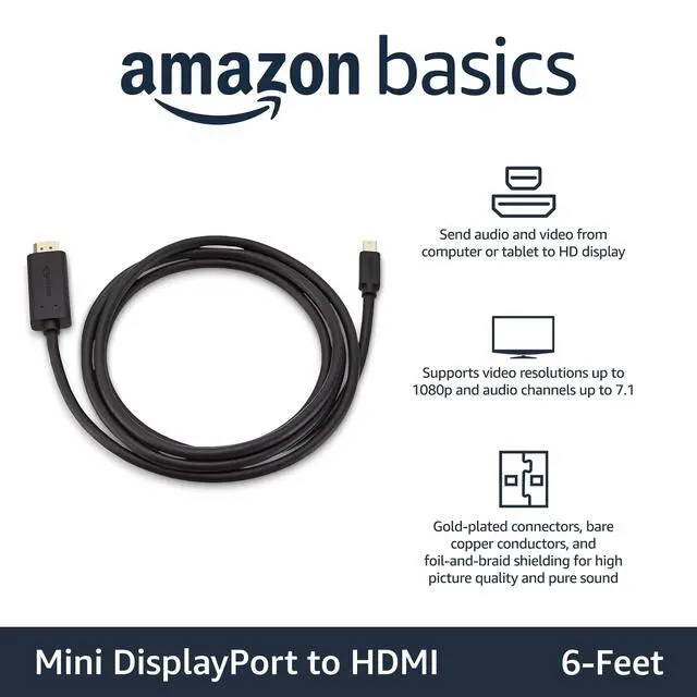 Alt view image 4 of 6 - Mini DisplayPort to HDMI Cable for MacBook Air/Pro, 1080p, Gold-Plated Plugs, 6 Foot, Black