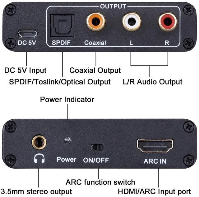 Alt view image 3 of 6 - 192KHz HDMI ARC Audio Extractor for HDTV Soundbar Speaker Amplifier | HDMI ARC Adapter with Optical TOSLINK SPDIF/Coaxial and 3.5mm L/R Stereo Audio Output, Digital to Analog Audio Converter