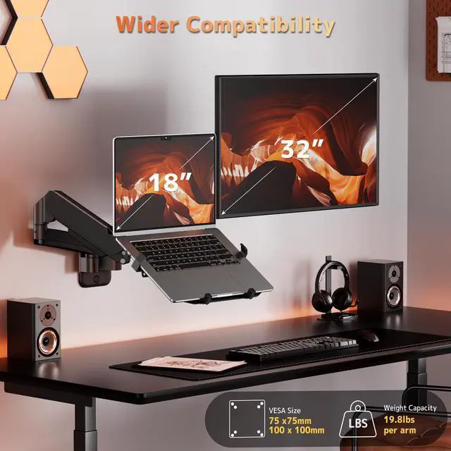 Alt view image 2 of 6 - Monitor and Laptop Wall-Mount - Full Motion 2-in-1 Monitor Arm Fits Max 32" Screen and 18" Laptop, Holds up to19.8lbs, Detachable Laptop Tray with Adjustable Slide Clamp, VESA 75x75/100x100