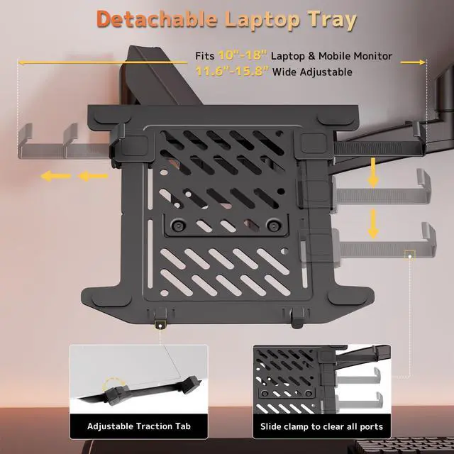 Alt view image 3 of 6 - Monitor and Laptop Wall-Mount - Full Motion 2-in-1 Monitor Arm Fits Max 32" Screen and 18" Laptop, Holds up to19.8lbs, Detachable Laptop Tray with Adjustable Slide Clamp, VESA 75x75/100x100