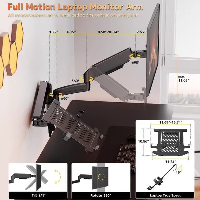 Alt view image 4 of 6 - Monitor and Laptop Wall-Mount - Full Motion 2-in-1 Monitor Arm Fits Max 32" Screen and 18" Laptop, Holds up to19.8lbs, Detachable Laptop Tray with Adjustable Slide Clamp, VESA 75x75/100x100