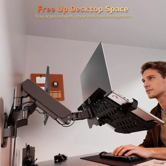 Alt view image 5 of 6 - Monitor and Laptop Wall-Mount - Full Motion 2-in-1 Monitor Arm Fits Max 32" Screen and 18" Laptop, Holds up to19.8lbs, Detachable Laptop Tray with Adjustable Slide Clamp, VESA 75x75/100x100