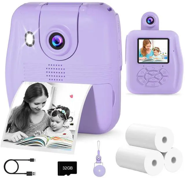 Main image of Kids Camera Instant Print - 2.4" Eye-Care Digital Video Camera for Toddlers & Kids Ages 3-12, with 3 Rolls Paper & 32GB SD Card, 1080P, 18 Frames, Birthday Christmas Valentines Gifts for Girls