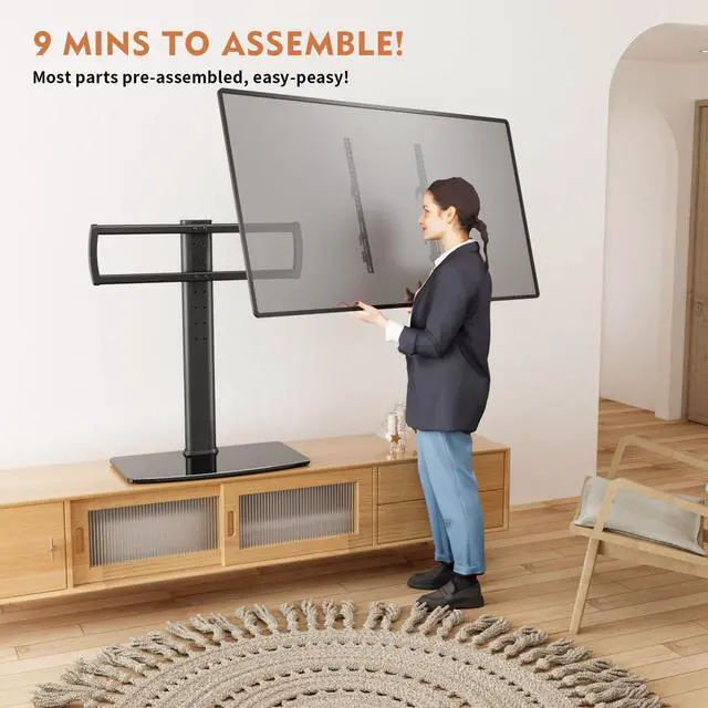 Alt view image 3 of 6 - Universal TV Stand/Base Tabletop TV Stand with Wall Mount for 40 to 86 inch 5 Level Height Adjustable, Heavy Duty Tempered Glass Base, Holds up to 132lbs Screens, HT03B-003
