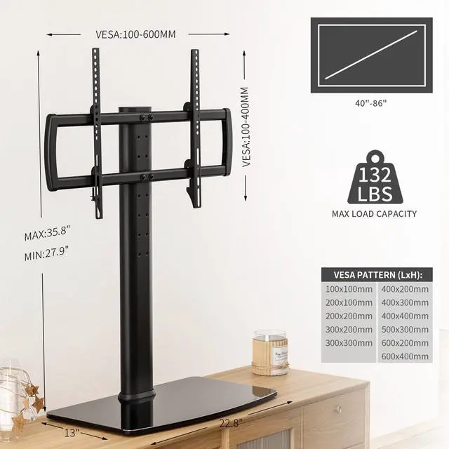 Alt view image 4 of 6 - Universal TV Stand/Base Tabletop TV Stand with Wall Mount for 40 to 86 inch 5 Level Height Adjustable, Heavy Duty Tempered Glass Base, Holds up to 132lbs Screens, HT03B-003