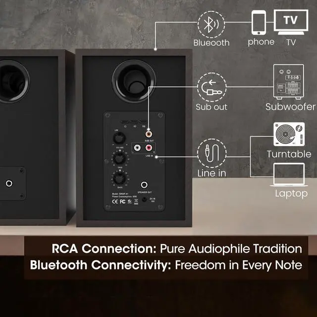 Alt view image 2 of 6 - Bluetooth Bookshelf Turntable Speakers | Record Player Speakers with RCA Input, Sub Out Port for BESTISNA SW65C/ SW65D Subwoofer,4 Inch Woofer, SR04F-01