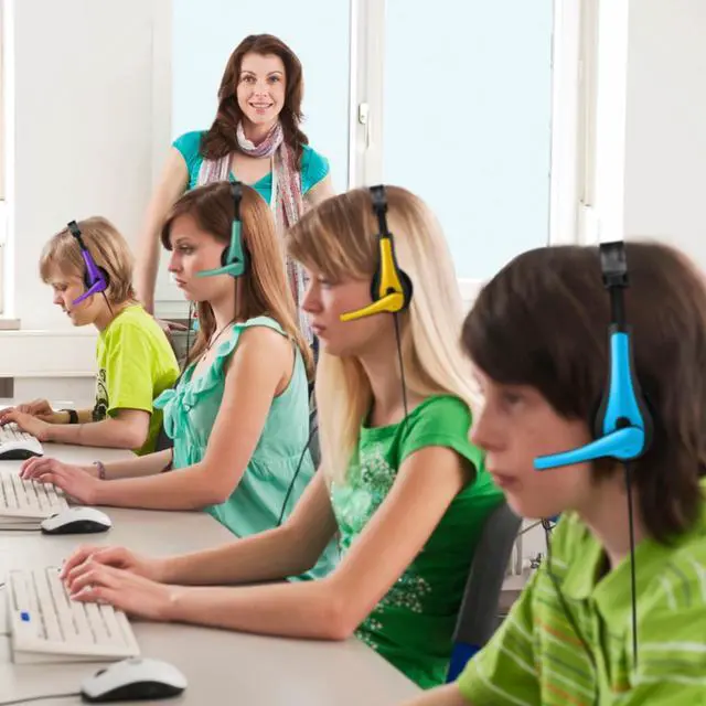Alt view image 5 of 6 - 20 Pack Bulk Classroom Headphones with Microphone Students Wired School Class Set Headphones for School Library Computer Office Adults 3.5 Jack Universal Plug(Multicolor)