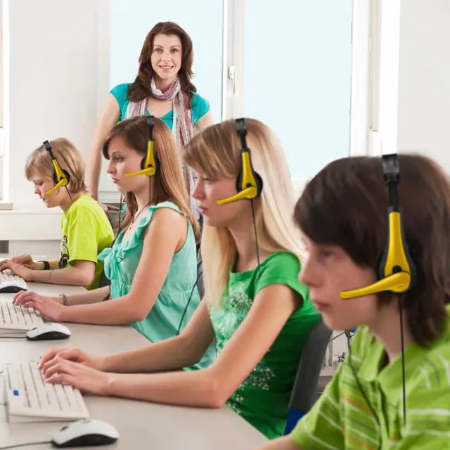 Alt view image 5 of 6 - 20 Pack Bulk Classroom Headphones with Microphone Students Wired School Class Set Headphones for School Library Computer Office Adults 3.5 Jack Universal Plug(Yellow)