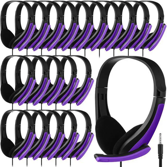 Main image of 20 Pack Bulk Classroom Headphones with Microphone Students Wired School Class Set Headphones for School Library Computer Office Adults 3.5 Jack Universal Plug(Purple)