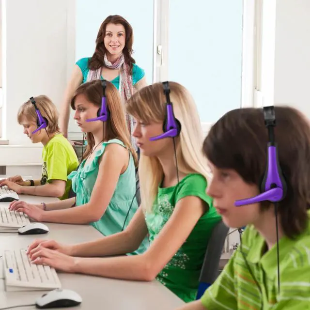 Alt view image 5 of 6 - 20 Pack Bulk Classroom Headphones with Microphone Students Wired School Class Set Headphones for School Library Computer Office Adults 3.5 Jack Universal Plug(Purple)