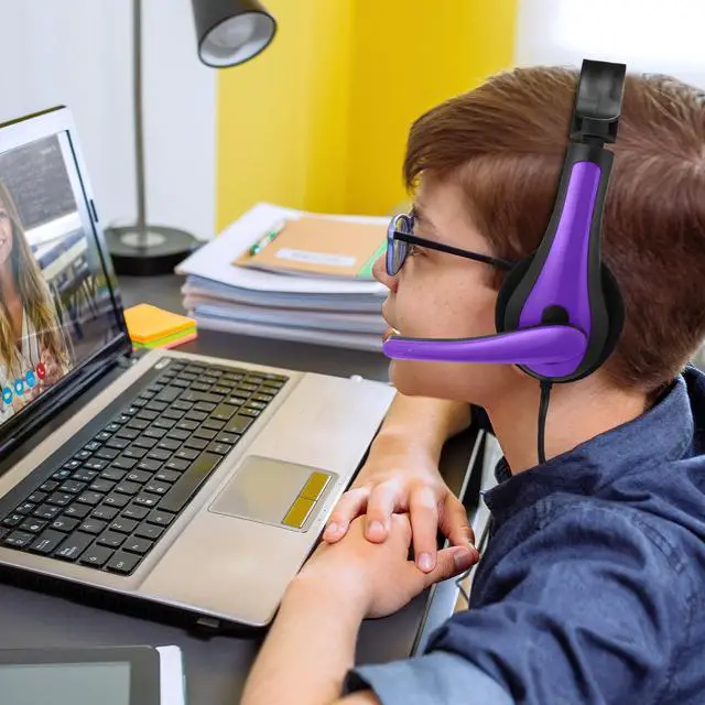 Alt view image 6 of 6 - 20 Pack Bulk Classroom Headphones with Microphone Students Wired School Class Set Headphones for School Library Computer Office Adults 3.5 Jack Universal Plug(Purple)