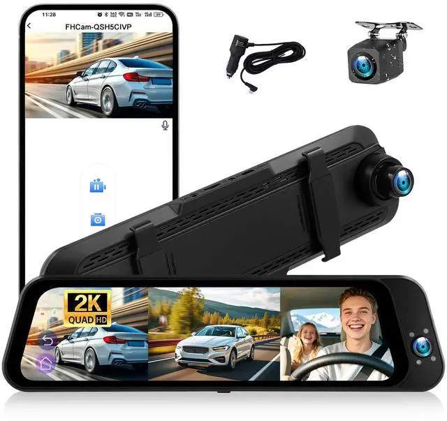 Main image of 3 Channel Rear View Mirror Camera with Front 2K, Inside and Rear 1080P Triple Mirror Dash Cam 9.66IPS Touch Screen Night Vision WiFi G-Sensor BSD Loop Record Reverse Assist Parking Monitoring