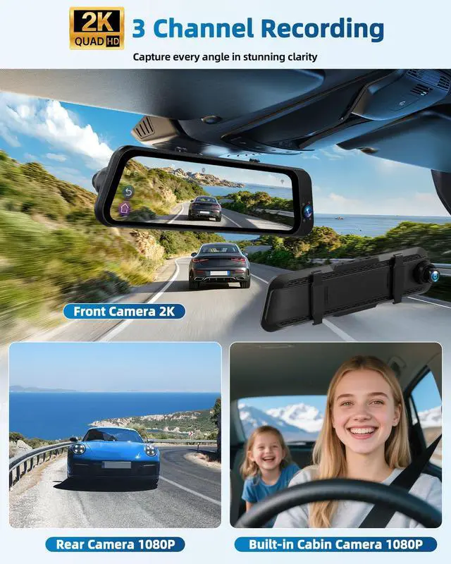 Alt view image 2 of 6 - 3 Channel Rear View Mirror Camera with Front 2K, Inside and Rear 1080P Triple Mirror Dash Cam 9.66IPS Touch Screen Night Vision WiFi G-Sensor BSD Loop Record Reverse Assist Parking Monitoring