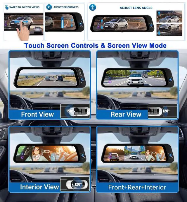 Alt view image 3 of 6 - 3 Channel Rear View Mirror Camera with Front 2K, Inside and Rear 1080P Triple Mirror Dash Cam 9.66IPS Touch Screen Night Vision WiFi G-Sensor BSD Loop Record Reverse Assist Parking Monitoring
