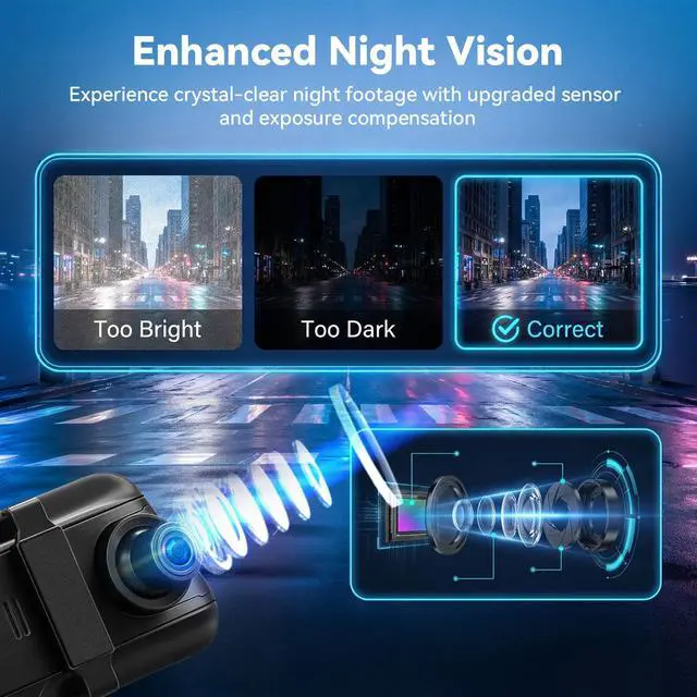 Alt view image 4 of 6 - 3 Channel Rear View Mirror Camera with Front 2K, Inside and Rear 1080P Triple Mirror Dash Cam 9.66IPS Touch Screen Night Vision WiFi G-Sensor BSD Loop Record Reverse Assist Parking Monitoring