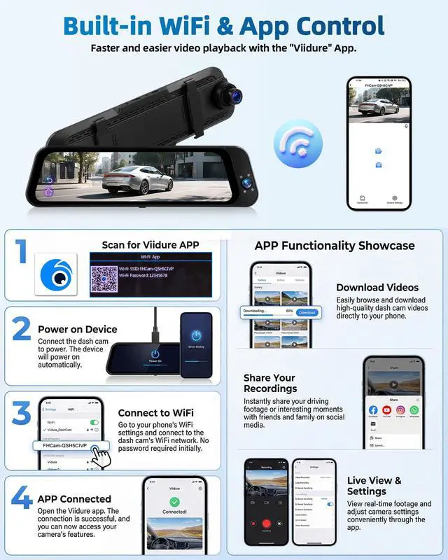 Alt view image 5 of 6 - 3 Channel Rear View Mirror Camera with Front 2K, Inside and Rear 1080P Triple Mirror Dash Cam 9.66IPS Touch Screen Night Vision WiFi G-Sensor BSD Loop Record Reverse Assist Parking Monitoring
