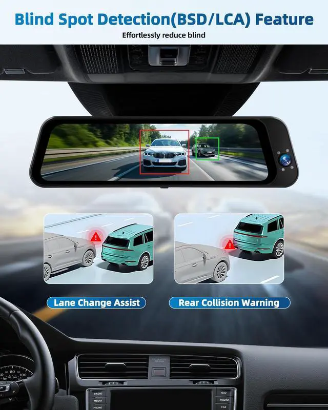 Alt view image 6 of 6 - 3 Channel Rear View Mirror Camera with Front 2K, Inside and Rear 1080P Triple Mirror Dash Cam 9.66IPS Touch Screen Night Vision WiFi G-Sensor BSD Loop Record Reverse Assist Parking Monitoring