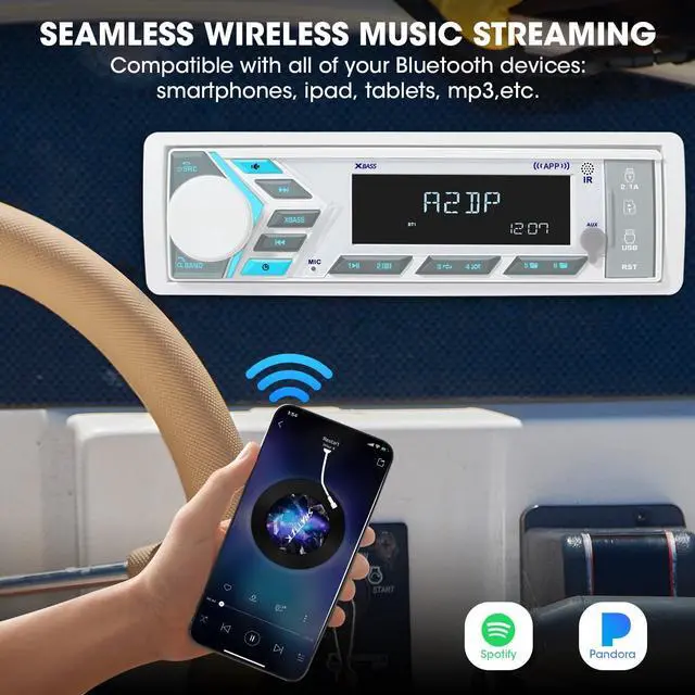 Alt view image 3 of 6 - Single Din Marine Stereo Receiver: in Dash Bluetooth Boat Radio - Digital LCD Display Push to Talk Assistant AM FM MP3 SD Aux-in USB Charging 4.2-Channel Audio Output for Marine Vehicle Watercraft
