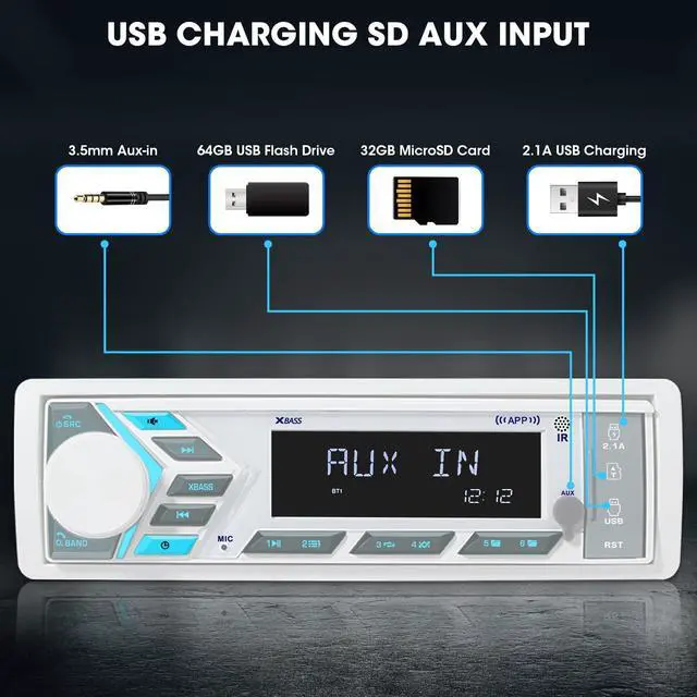 Alt view image 6 of 6 - Single Din Marine Stereo Receiver: in Dash Bluetooth Boat Radio - Digital LCD Display Push to Talk Assistant AM FM MP3 SD Aux-in USB Charging 4.2-Channel Audio Output for Marine Vehicle Watercraft