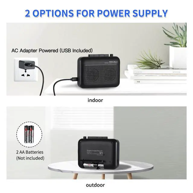 Alt view image 2 of 6 - Cassette Player Recorder with Bluetooth Transmitter, Small Cassette Tape Player with Headphone Jack, Build-in Speaker, Microphone Jack, Powered by AC Adapter or AA Battery- Black