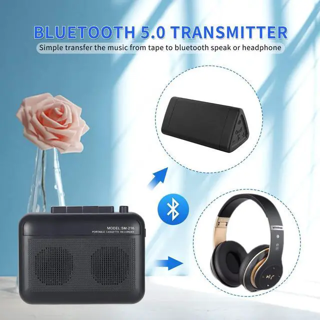 Alt view image 3 of 6 - Cassette Player Recorder with Bluetooth Transmitter, Small Cassette Tape Player with Headphone Jack, Build-in Speaker, Microphone Jack, Powered by AC Adapter or AA Battery- Black