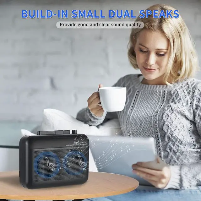 Alt view image 4 of 6 - Cassette Player Recorder with Bluetooth Transmitter, Small Cassette Tape Player with Headphone Jack, Build-in Speaker, Microphone Jack, Powered by AC Adapter or AA Battery- Black